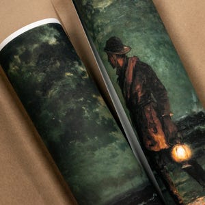 May include: A painting of a person walking with a lantern in a dark, stormy landscape. The person is wearing a brown coat and a hat. The lantern is glowing brightly. The painting is done in a dark, moody style.
