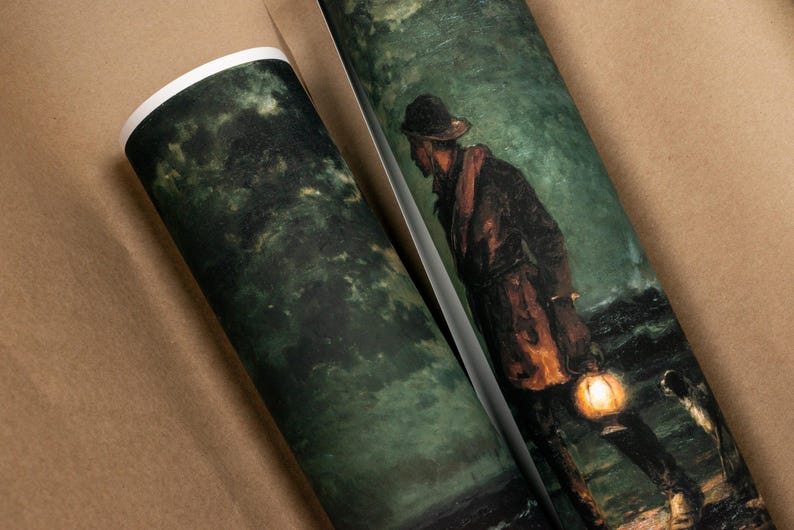 May include: A painting of a person walking with a lantern in a dark, stormy landscape. The person is wearing a brown coat and a hat. The lantern is glowing brightly. The painting is done in a dark, moody style.
