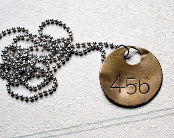 Antique Large "456" Coal Mine Brass Tool Check Necklace "Checklace" - All Parts Made in USA from Authentic Antique Brass Tag - Vintage