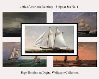 Lijst tv-behangkunst - antieke Amerikaanse olieverfschilderijen - schepen en boten op zee #1 - set van 5 - zeegezicht waterlandschap oceaan nautisch - Samsung