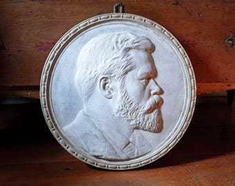 RARE Original Sculpture by Adolph Robert Kraus (1850-1901) Portrait C. Louis Berger - High Relief Plaster - One of a Kind American Artwork