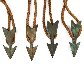 Set of 4 Antique Bronze Brass Harpoon Fishing Tips Spears + Original Rope Line - New England Vintage Nautical Maritime Decor Beach - Arrow