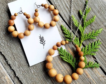 Cedar Wood Bead Jewelry Set | Hypoallergenic Earrings, Stainless Steel Necklace