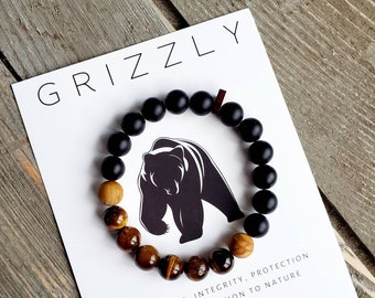 Bracelet en perles de pierres précieuses grizzly | cadeau homme | cadeau papa | cadeau petit ami | protection | cadeau père | bas de Noël | oeil de tigre