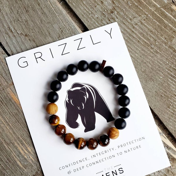 Bracelet en perles de pierres précieuses grizzly | cadeau homme | cadeau papa | cadeau petit ami | protection | cadeau père | bas de Noël | oeil de tigre