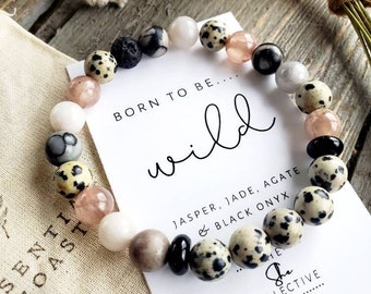 Beaded Gemstone Bracelet | Dalmatian Jasper, Jade & Black Onyx