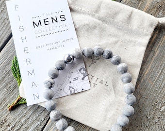 Fisherman Beaded Bracelet | Picture Jasper, Hematite, Wood Charm