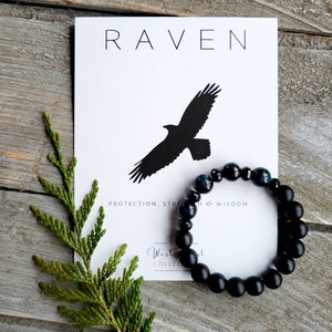 Raven gemstone beaded bracelet | healing stone bracelet | womens bracelet | black bird | womens gift | mom gift | aromatherapy bracelet