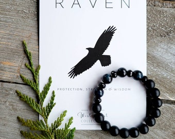 Raven gemstone beaded bracelet | healing stone bracelet | womens bracelet | black bird | womens gift | mom gift | aromatherapy bracelet