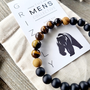 Grizzly Bear Tiger Eye Beaded Bracelet | Black Onyx, Wood Jasper