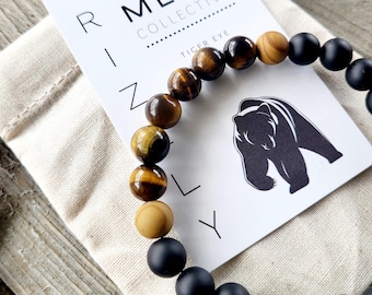 Grizzly Bear Tiger Eye Beaded Bracelet | Black Onyx, Wood Jasper