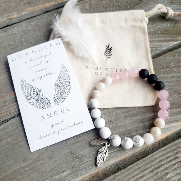 Guardian Angel Stone Bracelet • Rose Quartz, Lava Bead Aromatherapy