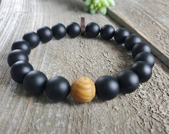 Mens Black Onyx & Wood Jasper Bracelet | Gemstone Protection Jewelry