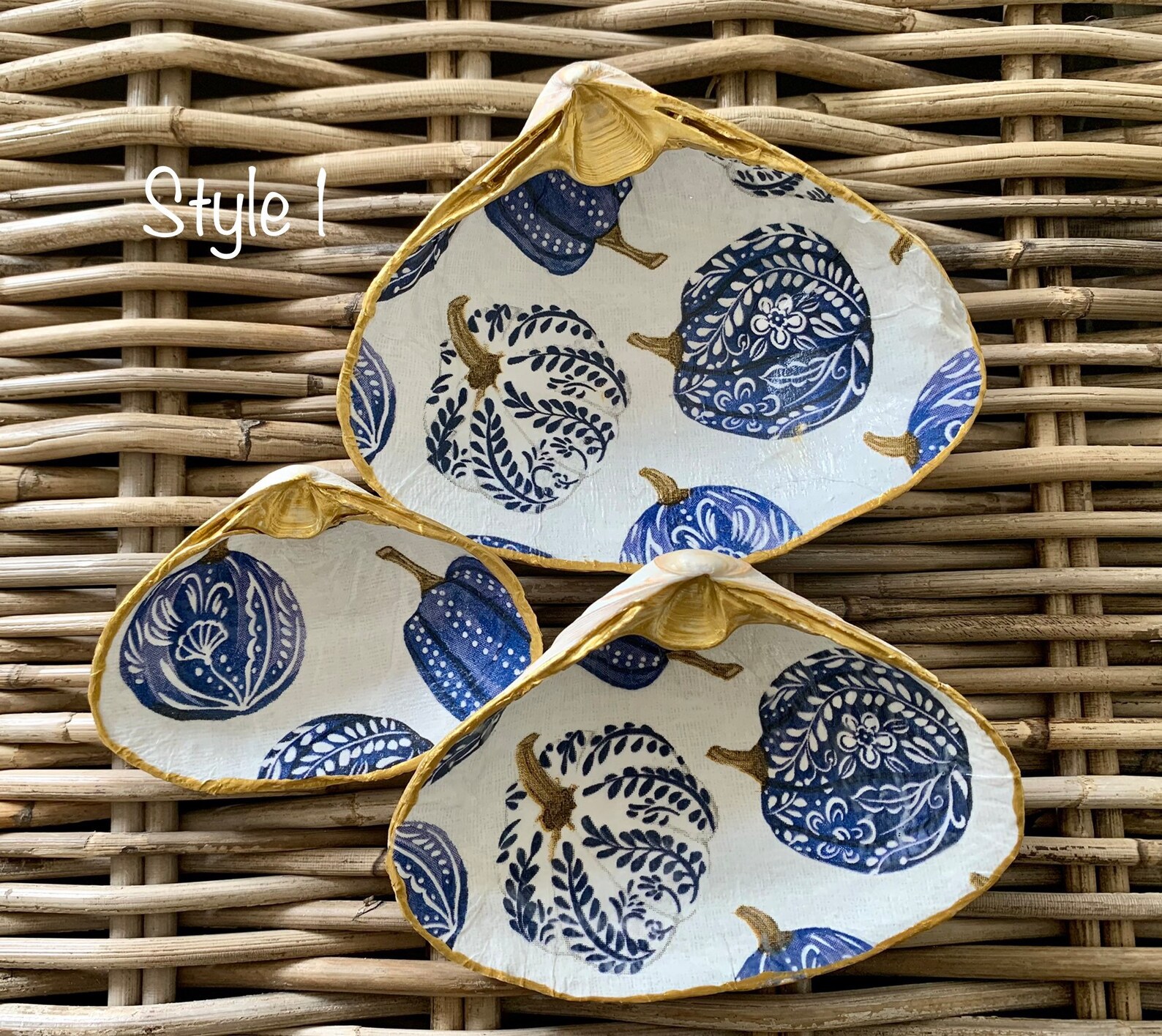 Set of 3 Decoupaged Clam Shells Navy Etsy
