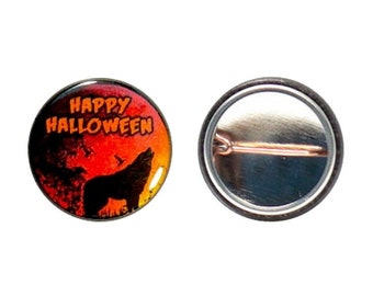 Happy Halloween Button or Fridge Magnet // Werewolf // Wolf // Orange // Spooky Sky // Party Favor // Pin or Magnet // 1 Inch