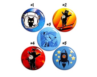 Silly Cat Pin Buttons or Fridge Magnets Cats Skateboarding, Surfing, Space Astronaut Backpack Pins or Magnets, 5 Pack, Gift Set  1" #P59-5