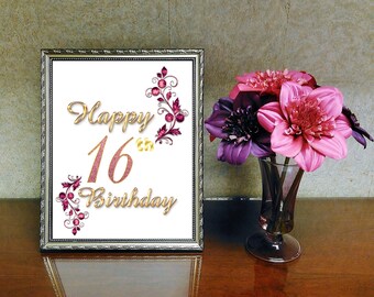 Happy 16th Birthday Sign, 16th Bday Sign, Sweet 16 Poster, 16th Sign, Glitter Pink and Gold, 16th Birthday Surprise, Sweet 16 Party Supplies