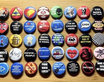 Button Pin Wholesale Lot, HUGE Lot of 50 Buttons Pins, Lot 80's 90's Vintage Style Pins, Funny Miscellaneous Lot, Resale Pin Lot Punk #145