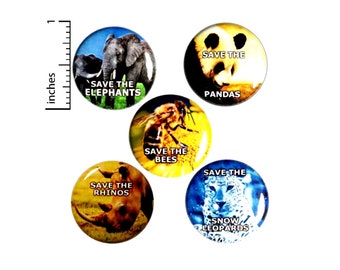 Endangered Species Buttons or Fridge Magnets, 5 Pack of Backpack Pin Buttons or Magnets, Endangered Species, Animal Pins, Gift Set 1" #E2