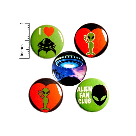 Alien Pin for Backpack, Button or Fridge Magnet Set, Backpack Pin, I Love Aliens, UFO Lapel Pin, 5 Pack, Alien Gift Set, 1 Inch #P47-5