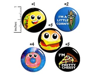 Silly Food Buttons or Fridge Magnets // 5 Pack // Backpack Pins // Lapel Pins // Tacos // Donuts // Pizza // Burgers // Gift Set - 1" P14-1