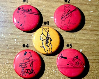 Cats Playing Music Pin for Backpack Set of 5 Pins, 5 Pack of Buttons, Cat DJ, Cat Drummer, Cat Playing Guitar, Cats Jazz, Gift Set 1" P78-4