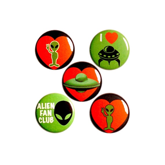 I Love Aliens Buttons or Fridge Magnets - Backpack Pins - UFO Pins - Lapel Pins - Alien Kitchen Magnets - 5 Pack - Alien Gift Set 1" #P55-3