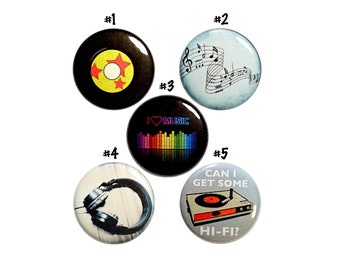 Music Pin Buttons or Fridge Magnets, Headphones, Records 5 Pack, Music Lover Gift Set Fridge Magnets or Backpack Pins 1 Inch P67-1