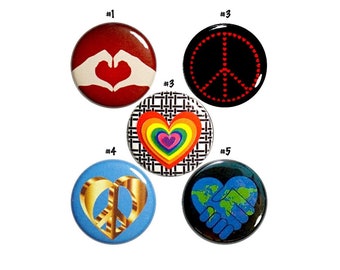 Peace and Love Pin Button for Backpack Set, Anti-War Pins, 5 Pack of Pins, Peace Love Pins or Magnets, Lapel Pins, No War Gift Set 1" P57-2N