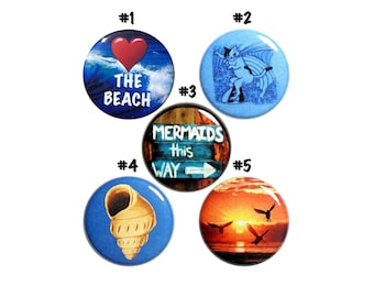 Beach Pins Buttons, Coast Pins, Ocean, Backpack Pins, Surfing Pins, Shell Pins, Mermaid Pins, 5 Pack, Pin Button Coastal Gift Set 1" #P75-5