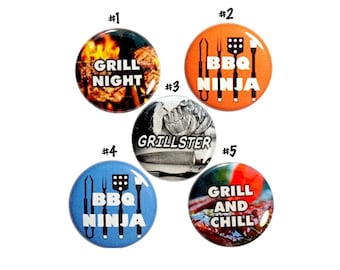 BBQ Grilling Gift Set for Dads or Moms, Buttons Set of 5 Pins for Aprons, Pin for Backpack, Jacket Lapel Pins, BBQ Ninja, 5 Pack 1" P31-3