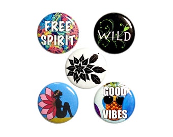 Hippie Pin Button or Fridge Magnet Set, Birthday Gift for Free Spirit, 5 Pack, Fairy Pins, Flower Pins, Buttons or Magnets Gift Set 1" P61-3