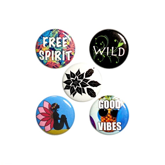 Hippie Pin Button or Fridge Magnet Set, Birthday Gift for Free Spirit, 5 Pack, Fairy Pins, Flower Pins, Buttons or Magnets Gift Set 1" P61-3