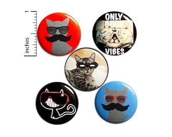 Cats In Disguise, Mustaches, Sunglasses, Gift Set, Pin Button or Fridge Magnet 5 Pack, Pins for Backpacks, Cute Pin Set of 5, 1" - P24-3