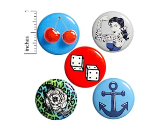 Rockabilly Buttons or Fridge Magnets, Cool Edgy Gift Set of Backpack Pins, Jacket Lapel Pins, Badges Brooches, Tattoo Style Gift 1" #P8-5