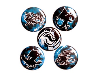 Dragon Pin for Backpack or Fridge Magnets, Buttons Pins for Jackets, Lapel Pins, Cool Badges, Blue Pins, Fantasy 5 Pack Gift Set 1" P44-3