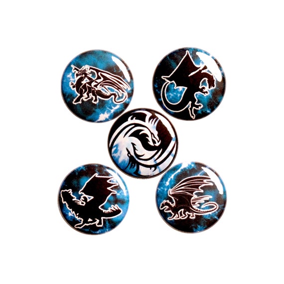 Dragon Pin for Backpack or Fridge Magnets, Buttons Pins for Jackets, Lapel Pins, Cool Badges, Blue Pins, Fantasy 5 Pack Gift Set 1" P44-3