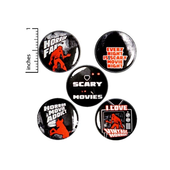 Vintage Horror Movies Buttons or Fridge Magnets 5 Pack of Backpack Pins I Love Scary Movies Lapel Pins Slasher Film Fan Gift Set 1" SP5-2