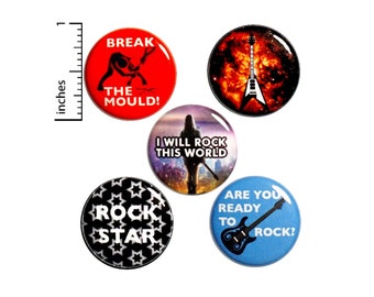 Rock N Roll Pin Buttons or Fridge Magnets, Backpack Pins, Rock Star Pins, Rock N Roll Gifts, Pin Button or Magnet 5 Pack, Gift Set 1" P4-5