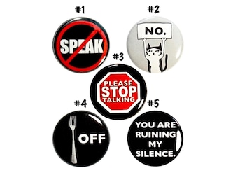 Funny Sarcastic Cat Buttons, 5 Pack, "No" Backpack Pins, Snarky Humor, Funny Pins, Sarcastic Button Introvert Humor Pins, Gift Set 1" P75-1