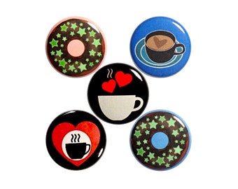 Coffee and Donut Pin Button or Fridge Magnet Set, 5 Pack of Backpack Pins, Caffeine, Pastries, Cappuccino Pin, Cool Gift Set, 1 Inch, P51-4N