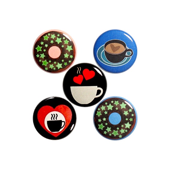 Coffee and Donut Pin Button or Fridge Magnet Set, 5 Pack of Backpack Pins, Caffeine, Pastries, Cappuccino Pin, Cool Gift Set, 1 Inch, P51-4N