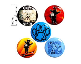 Funny Cat Pin Buttons or Fridge Magnets Backpack Pins, Funny Cat Gift, Skateboarding, Surfing, Pins or Magnets, 5 Pack, Gift Set  1" #P10-2