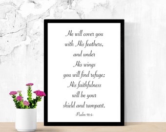 Bible Verse Printable Wall Art, He will cover you with His feathers, Psalm 91:4, Christian Art, Inspirational Quote Poster, Dorm Room Decor