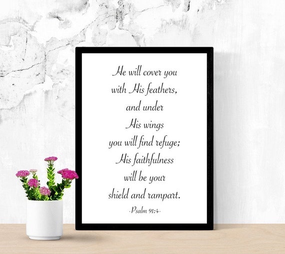 Bible Verse Printable Wall Art, He will cover you with His feathers, Psalm 91:4, Christian Art, Inspirational Quote Poster, Dorm Room Decor