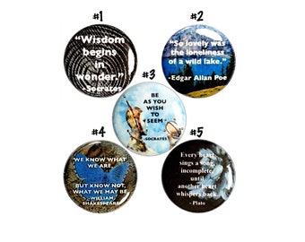 Wisdom & Wonder Pin Buttons or Fridge Magnets, Socrates, Plato, Edgar Allan Poe, 5 Pack, Gift Set Magnets or Backpack Pins 1 Inch P67-3