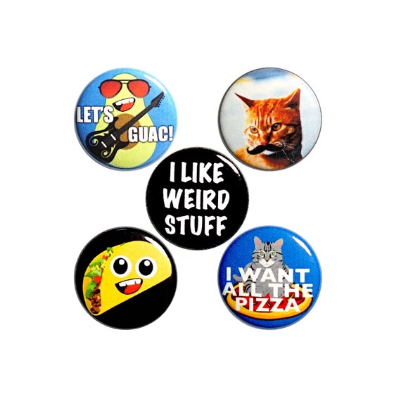 Weird Random Humor Gift, Backpack Pin Set of 5 Buttons or Fridge Magnets, Mustache Cat, Pizza, Tacos, Badges Funny, Cute Lapel Pins 1" P53-2