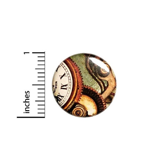 Whimsical Clock Button, Steampunk Pin, Dieselpunk Badge, Alice In Wonderland, Neo-Victorian, Vintage Style Pinback, 1 Inch 2-19