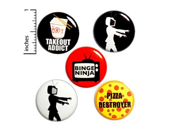 Binge Watching Buttons or Fridge Magnets, Takeout Pins, Pizza Pins, Backpack Pins, Pin Button or Magnet, Gift Set, 1 Inch #P7-3