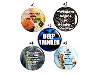Wonder Quote Pin for Backpack Pin, Philosophy, Imagination, Backpack Pin, Curiosity, 5 Pack, Deep Thinker Philosopher Gift Set Cool 1" P46-1